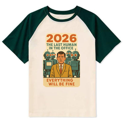 Single human worker surrounded by robot coworkers - "The last human in - Contrast Raglan T-shirt - Green