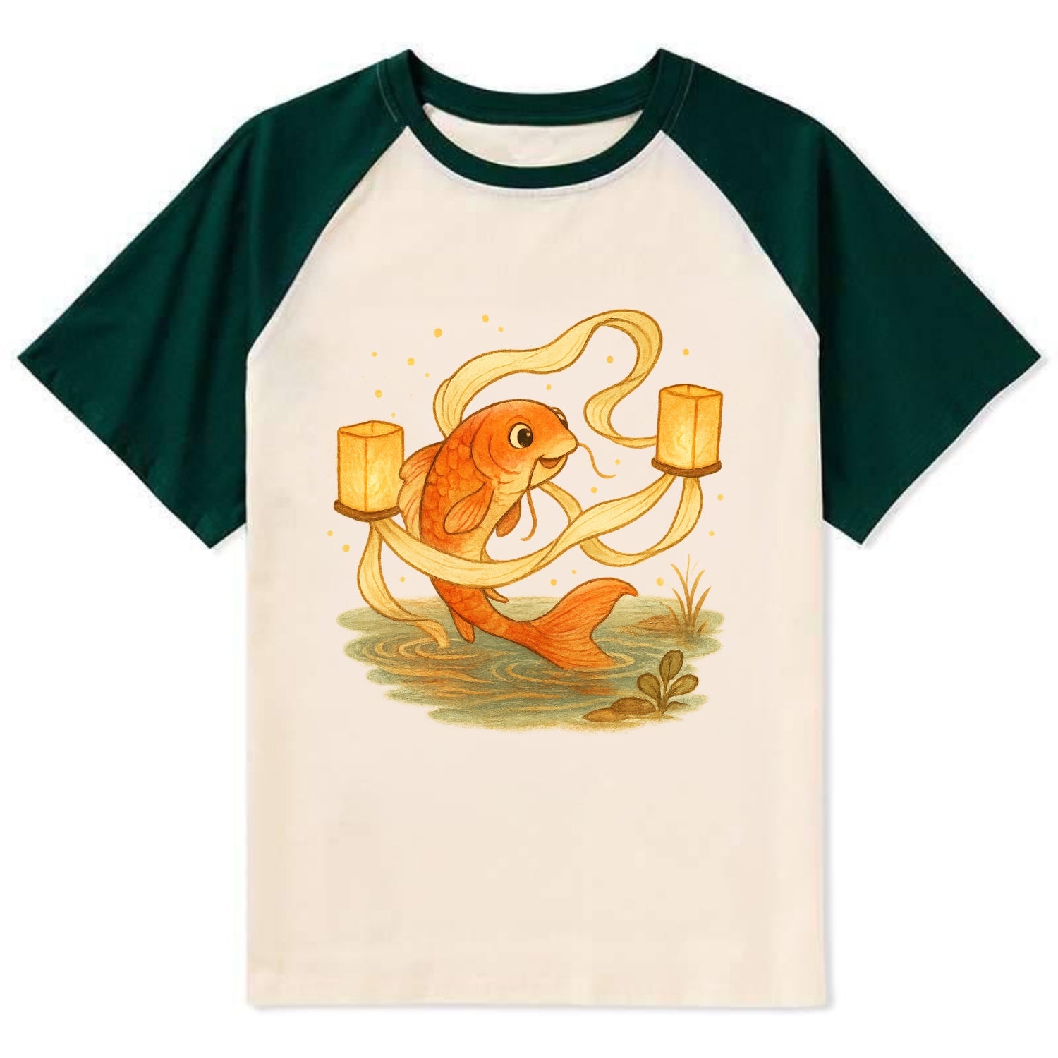 Koi weaving silk streamers through floating lanterns on tranquil water - Contrast Raglan T-shirt - Green
