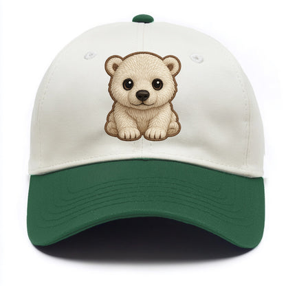 Baby Polar Bear Cub - white fluffy, black nose, dark curious eyes, front-facing, - Two Tone Cap - Green