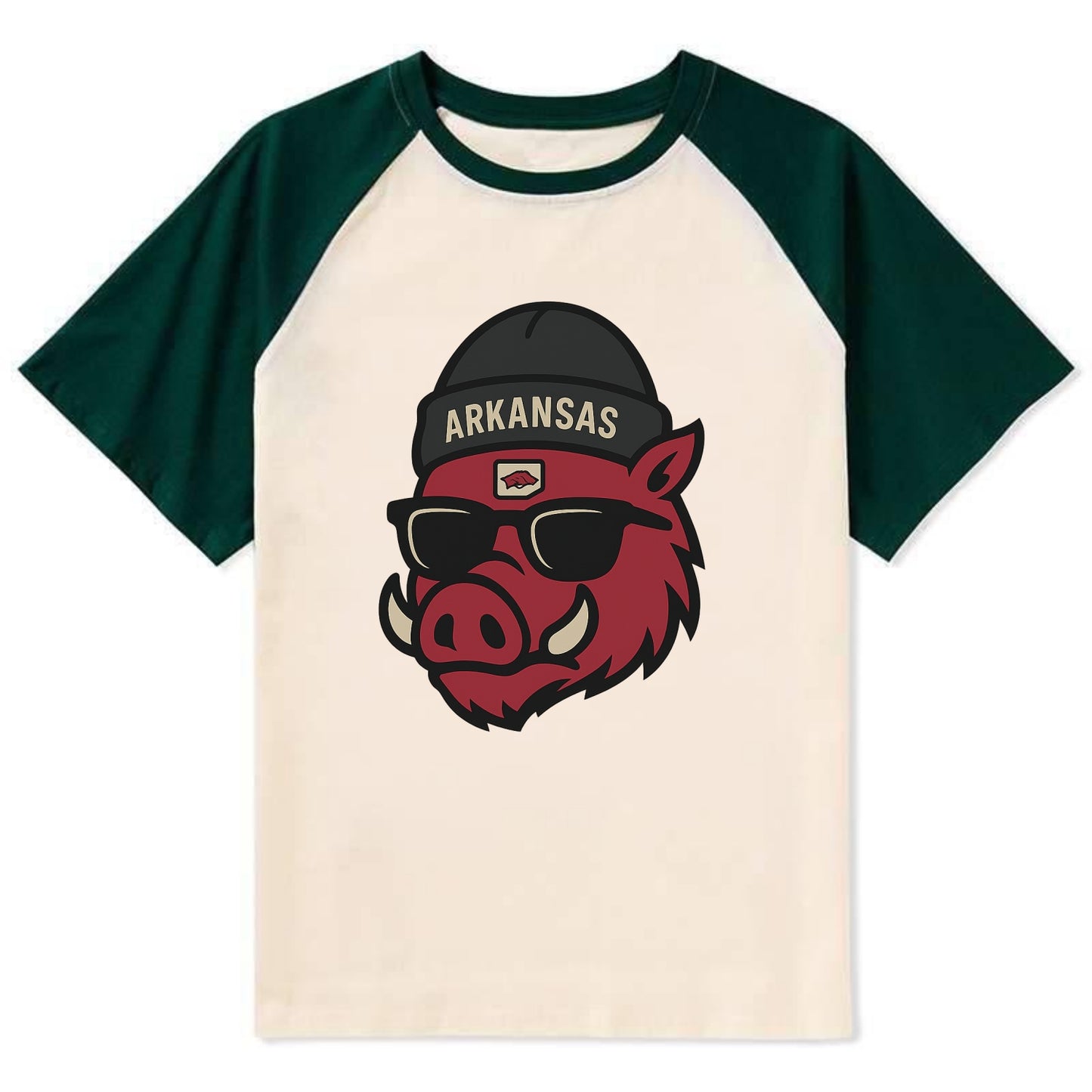 Fayetteville Razorback wearing Arkansas beanie with hog patch - Contrast Raglan T-shirt - Green