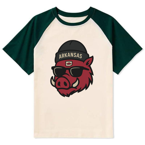 Fayetteville Razorback wearing Arkansas beanie with hog patch - Contrast Raglan T-shirt