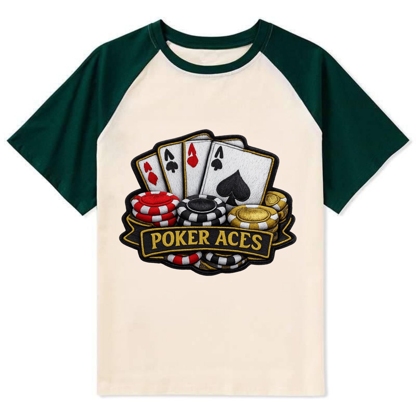 Embroidered patch design - POKER ACES - four aces with chips in red, - Contrast Raglan T-shirt - Green