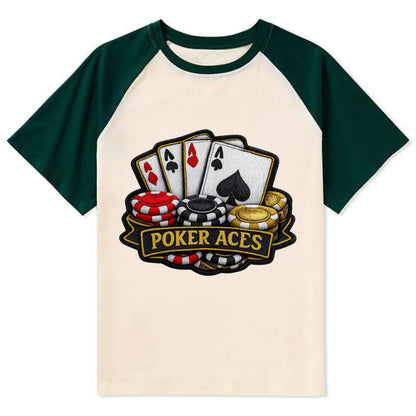 Embroidered patch design - POKER ACES - four aces with chips in red, - Contrast Raglan T-shirt - Green
