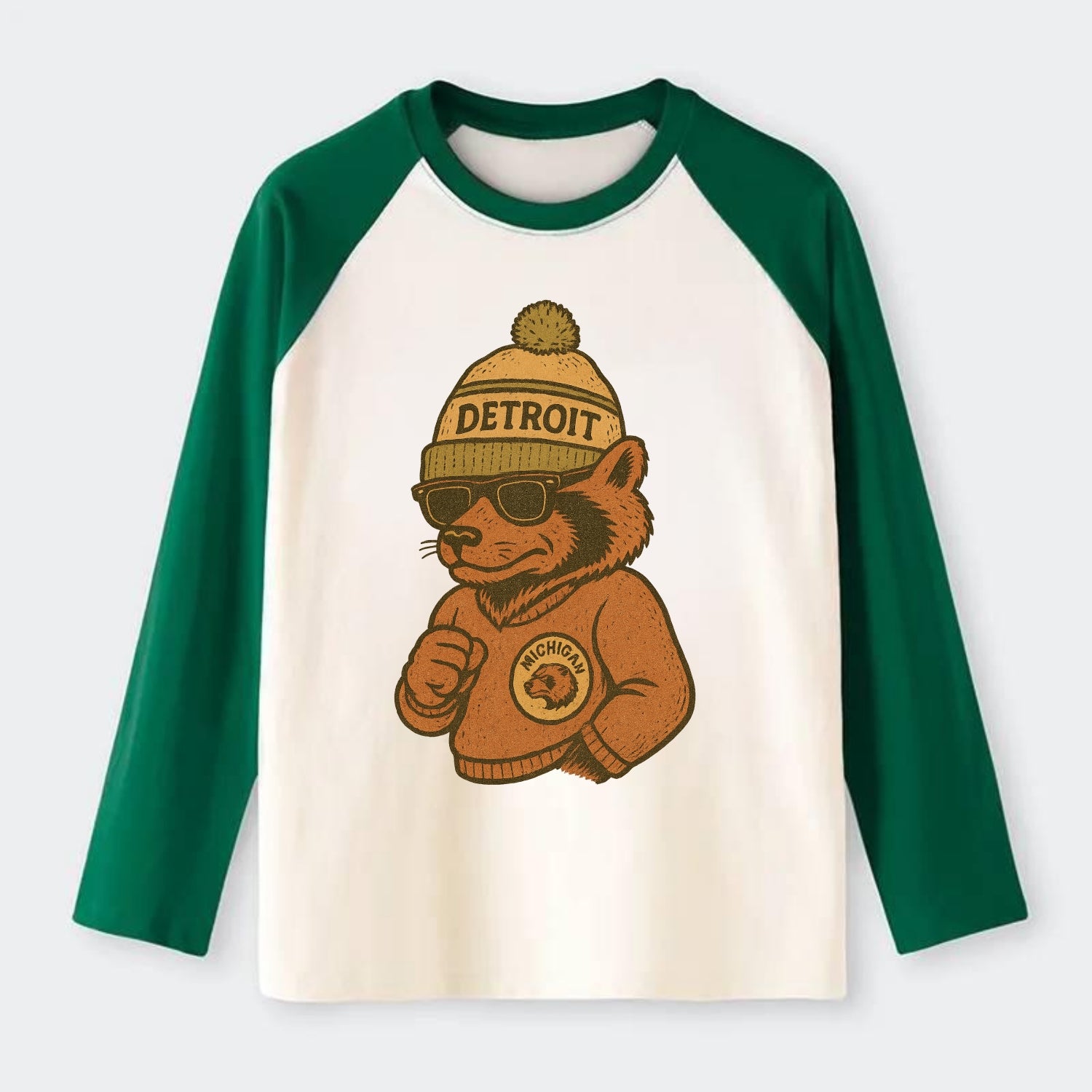 Michigan Wolverine wearing Detroit beanie with pom pom and wayfarer - Raglan Long Sleeve T-Shirt - Green