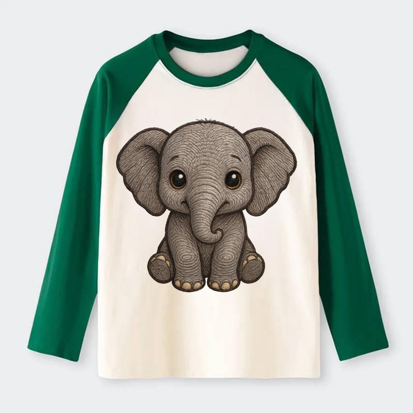 Baby Elephant - gray wrinkly, tiny trunk, large floppy ears, kind dark - Raglan Long Sleeve T-Shirt - Green