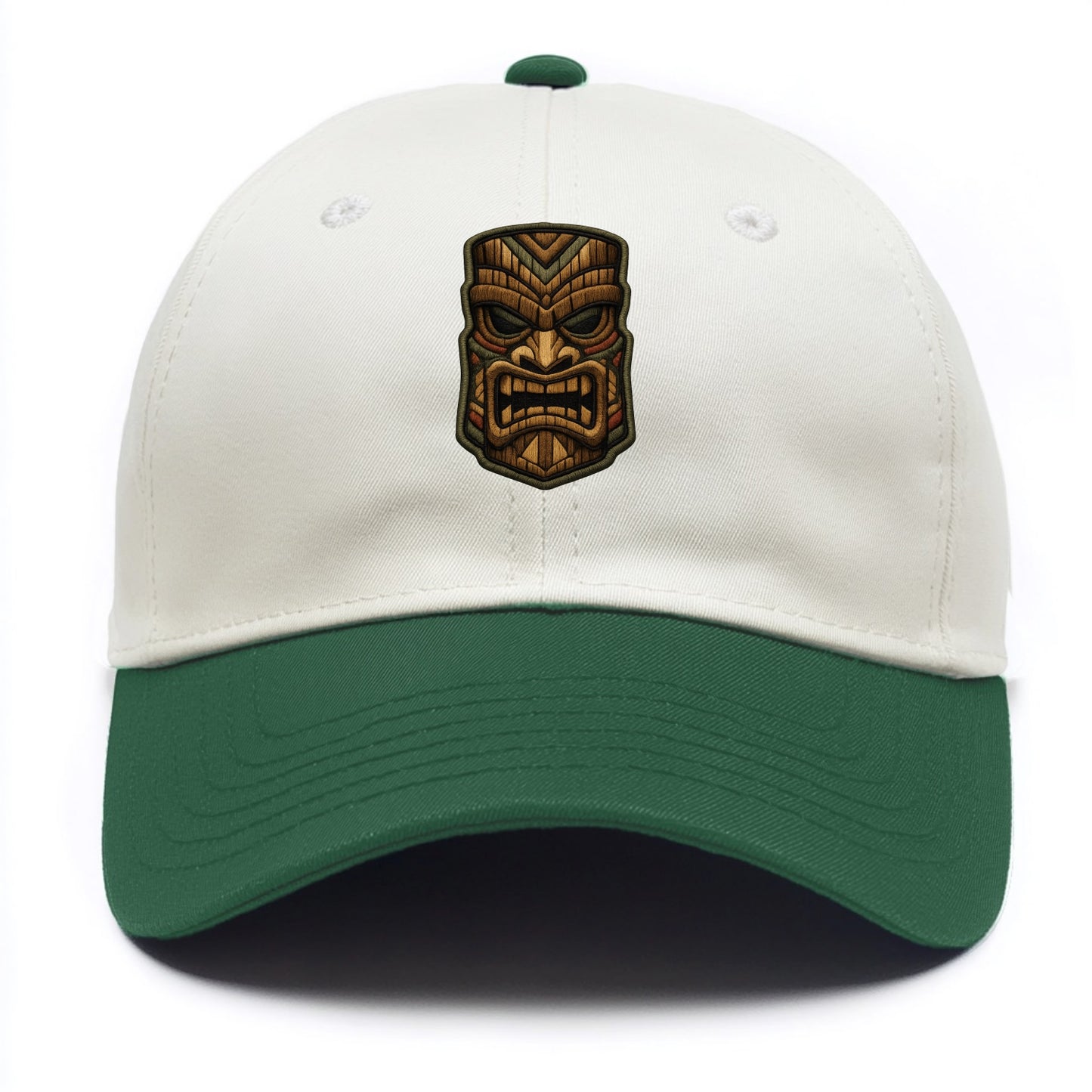 TIKI MASK - carved totem in brown and red , Polynesian - Two Tone Cap - Green