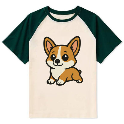Corgi - Sploot lying position - Contrast Raglan T-shirt - Green