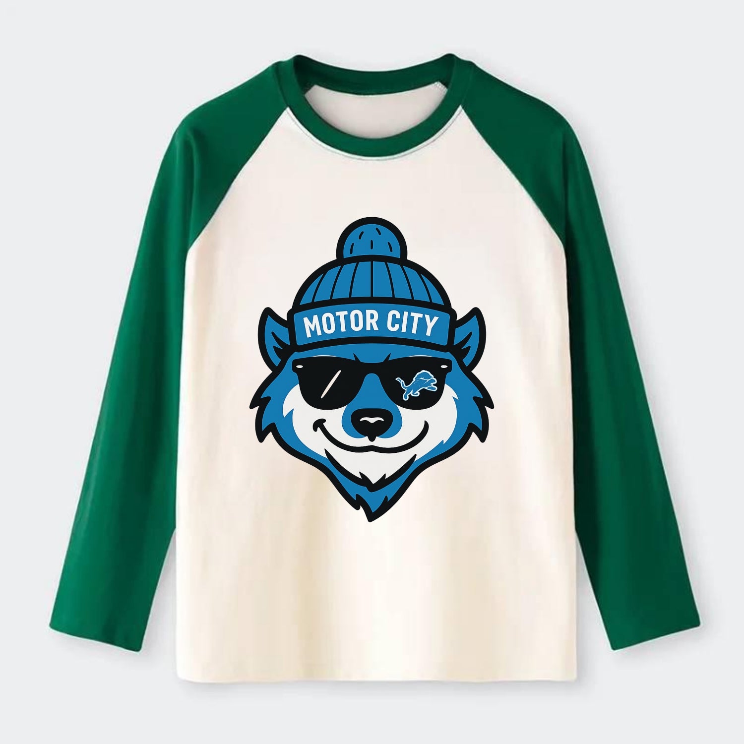 Motor City Wolverine wearing Lions beanie with gear patch and wayfarer - Raglan Long Sleeve T-Shirt - Green