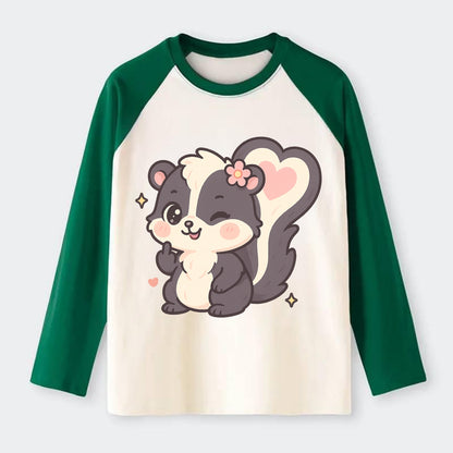 fluffy skunk with heart-shaped tail pattern, one paw up showing sass - Raglan Long Sleeve T-Shirt - Green