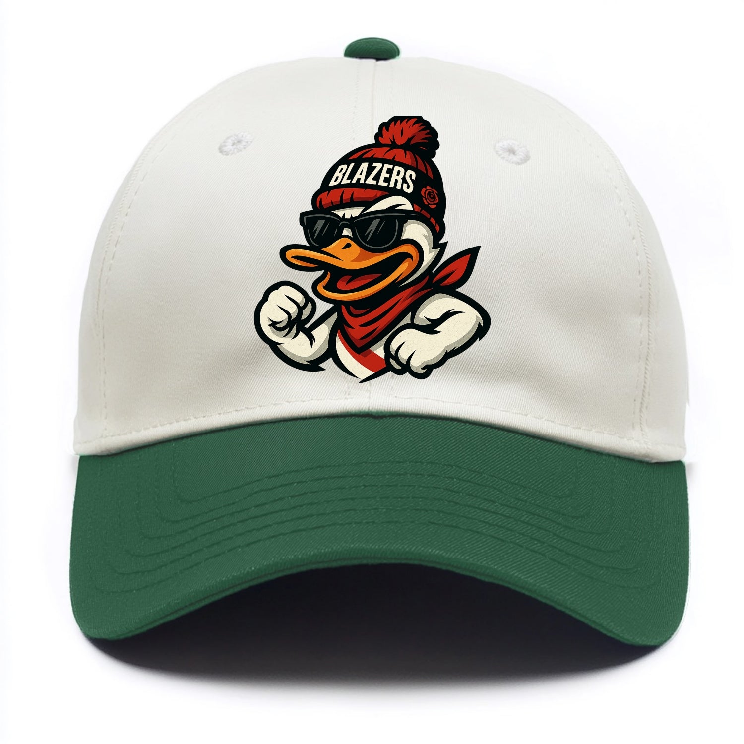 Oregon Duck wearing Trail Blazers beanie with rose patch and wayfarer sunglasses - Two Tone Cap - Green