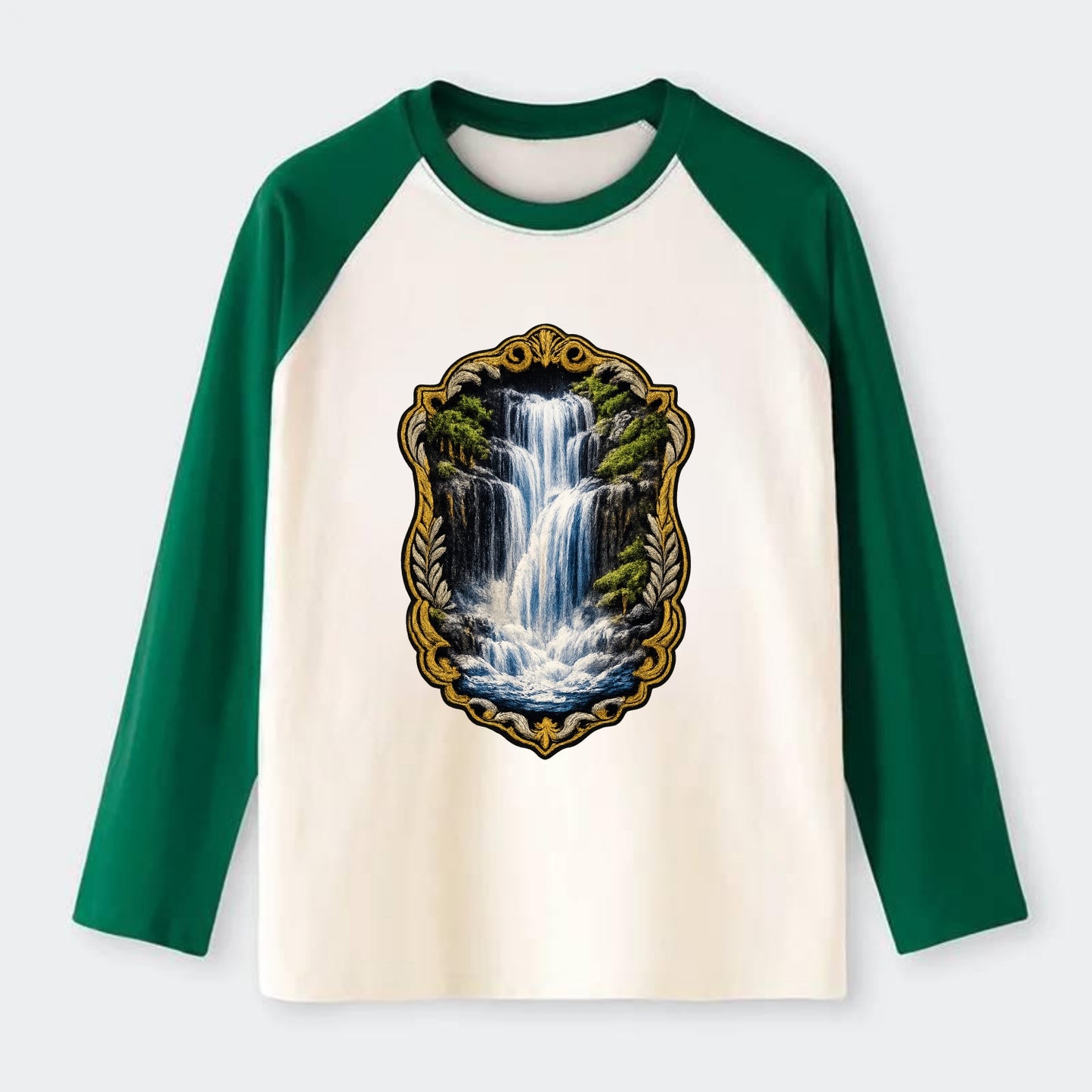 WATERFALL CASCADE - falling water with mist in blue and white , nature - Raglan Long Sleeve T-Shirt - Green