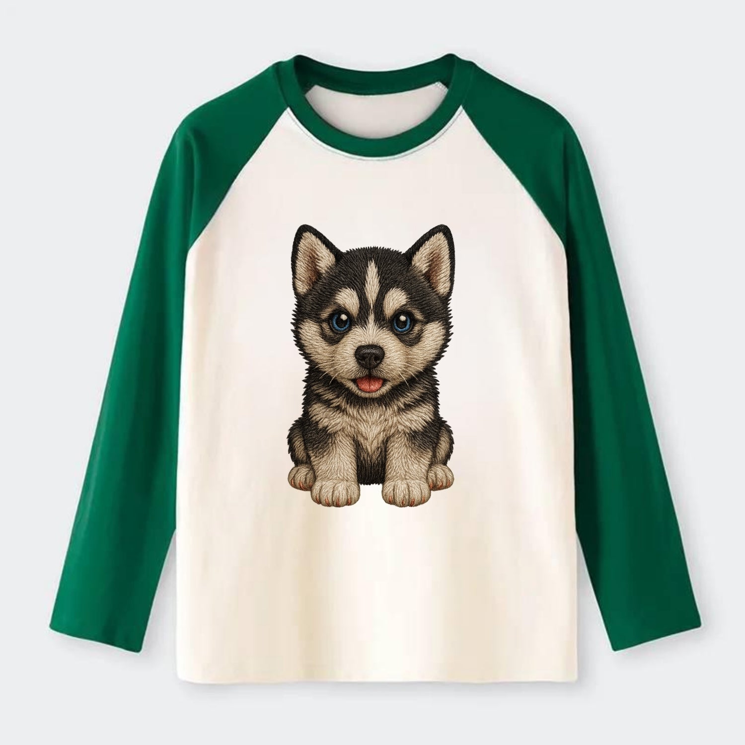 Baby Siberian Husky Puppy - blue or bi-colored eyes, fluffy coat, - Raglan Long Sleeve T-Shirt - Green