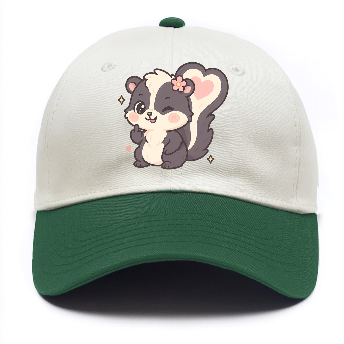 fluffy skunk with heart-shaped tail pattern, one paw up showing sass - Two Tone Cap - Green