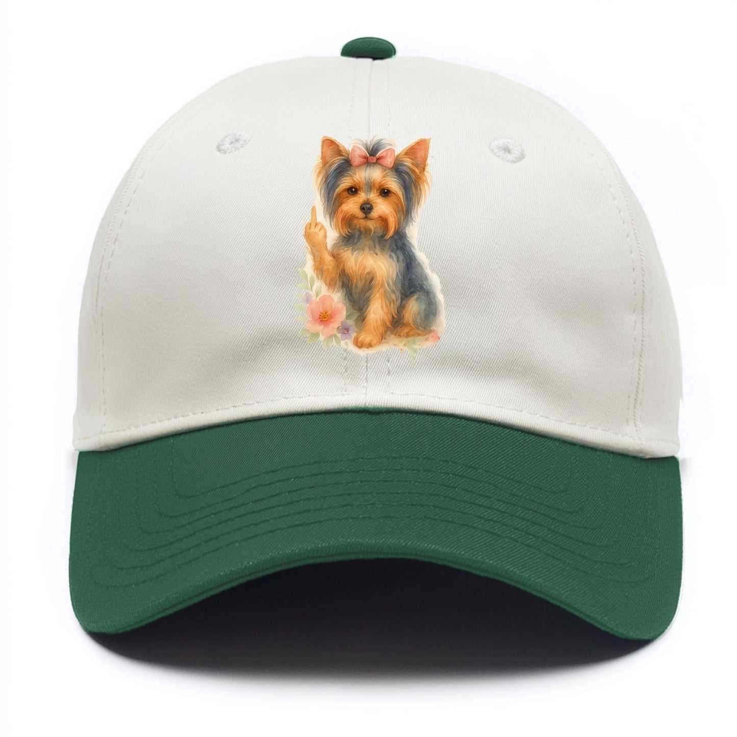 Yorkshire Terrier with topknot bow, one delicate paw flipping off - Two Tone Cap - Green
