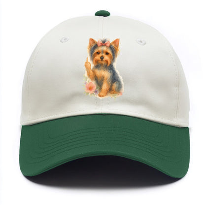 Yorkshire Terrier with topknot bow, one delicate paw flipping off - Two Tone Cap - Green
