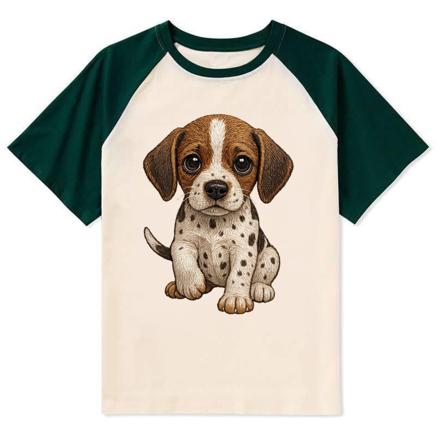 Baby Pointer Puppy - spotted coat, noble stance, alert eyes, - Contrast Raglan T-shirt - Green