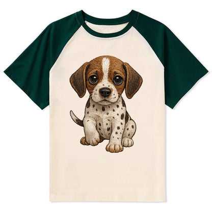 Baby Pointer Puppy - spotted coat, noble stance, alert eyes, - Contrast Raglan T-shirt - Green
