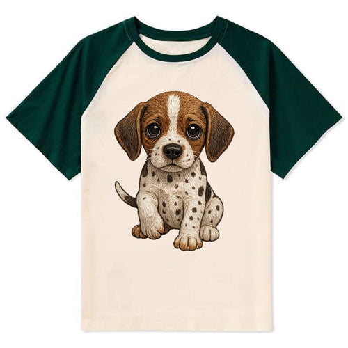 Baby Pointer Puppy - spotted coat, noble stance, alert eyes, - Contrast Raglan T-shirt