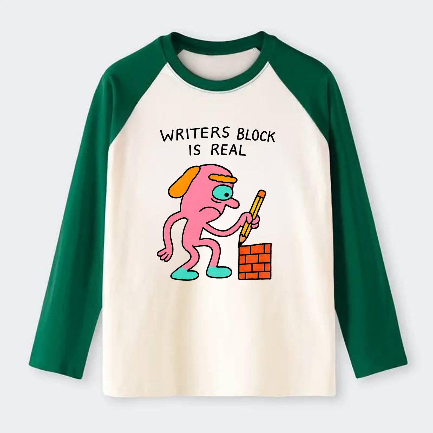 WRITERS BLOCK IS REAL | Brick wall with pencil - Raglan Long Sleeve T-Shirt - Green