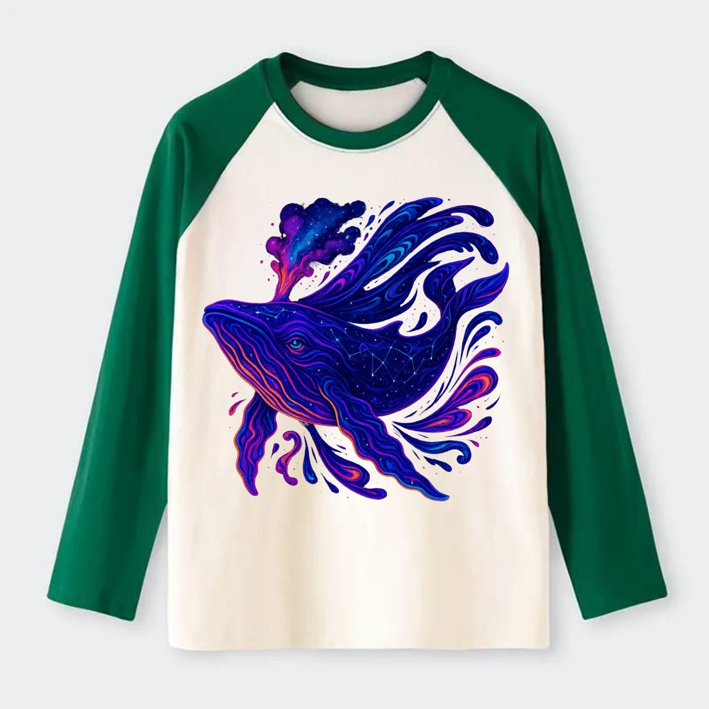 Majestic whale with body composed of galaxy clusters, stellar fins - Raglan Long Sleeve T-Shirt - Green