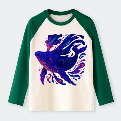 Majestic whale with body composed of galaxy clusters, stellar fins - Raglan Long Sleeve T-Shirt - Green