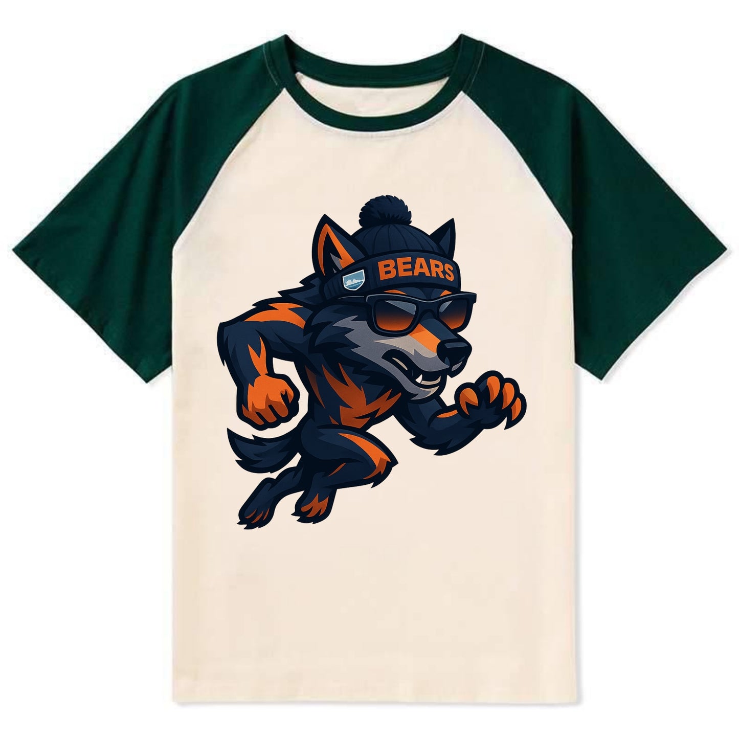 Chicago Wolf wearing Bears beanie with Lake Michigan patch and wayfarer - Contrast Raglan T-shirt - Green