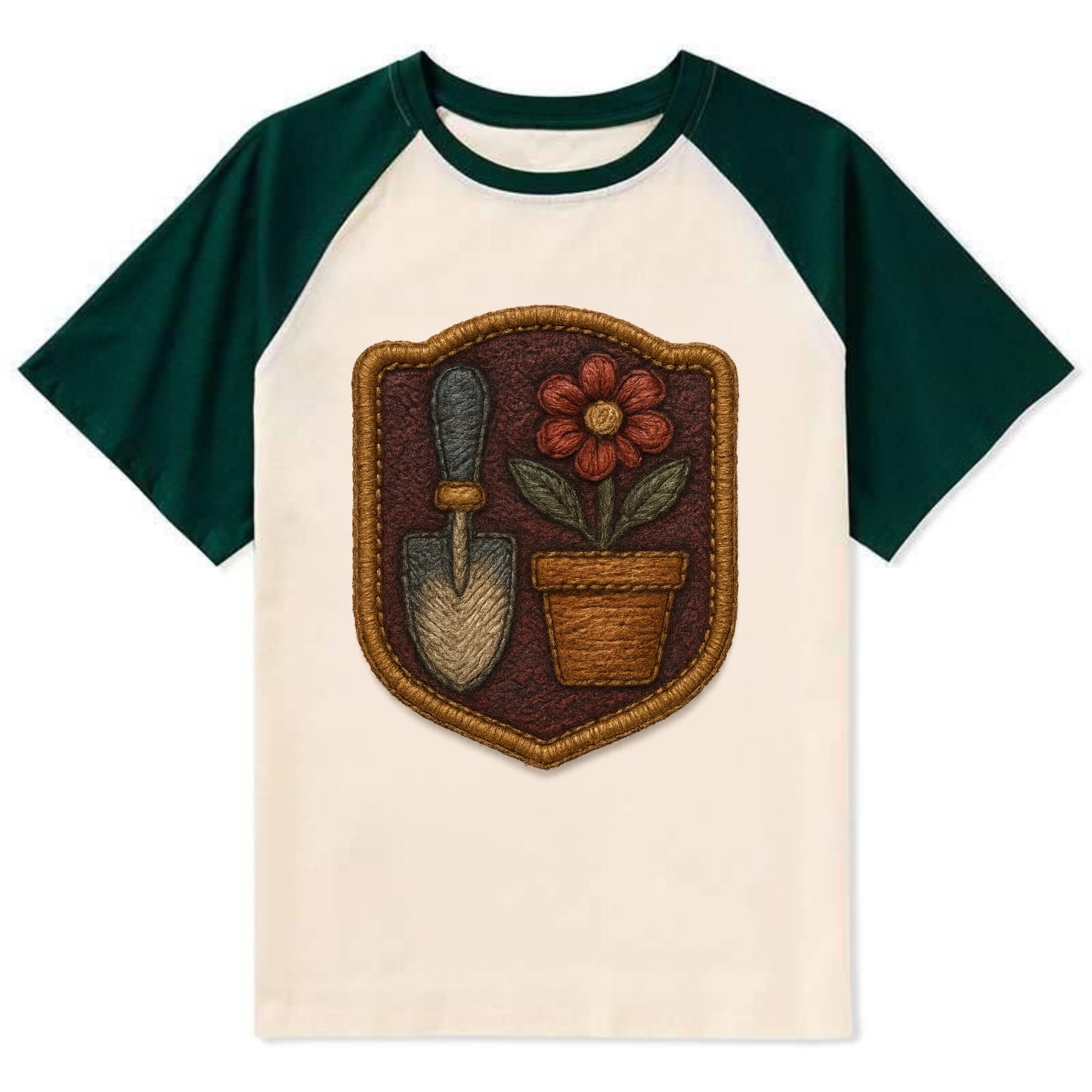 Garden trowel with flower pot - gardener badge - Contrast Raglan T-shirt - Green