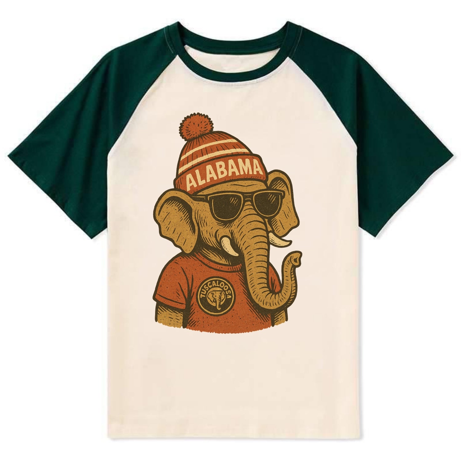 Tuscaloosa Crimson Elephant wearing Alab - Contrast Raglan T-shirt - Green