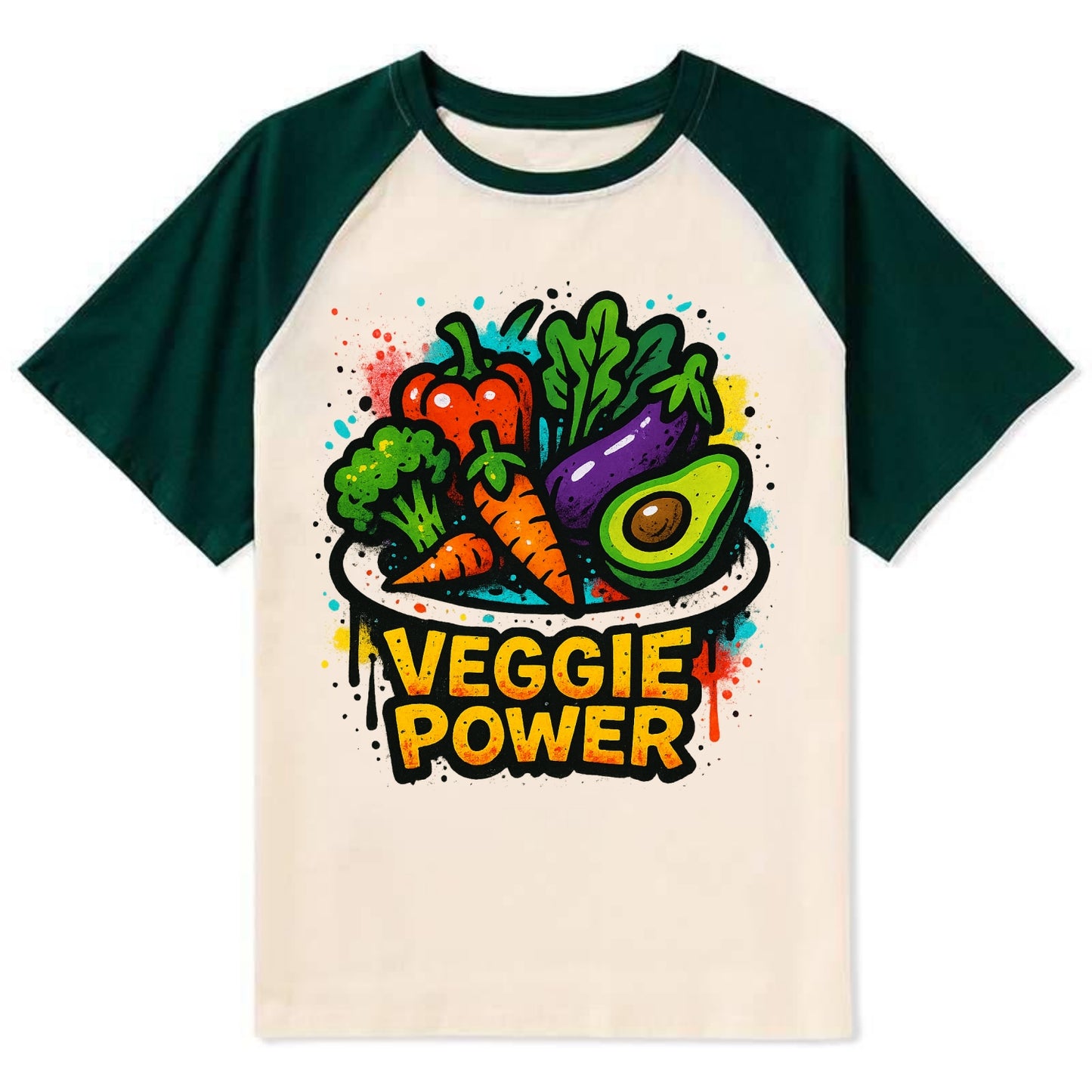 Colorful vegetables and plants on plate - plant-based lifestyle, veggie - Contrast Raglan T-shirt - Green