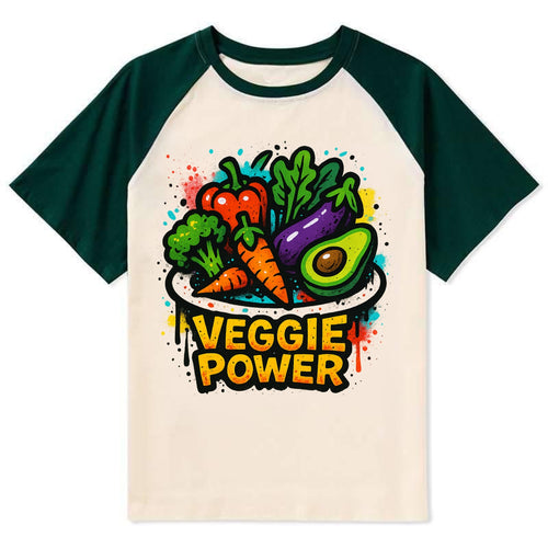 Colorful vegetables and plants on plate - plant-based lifestyle, veggie - Contrast Raglan T-shirt