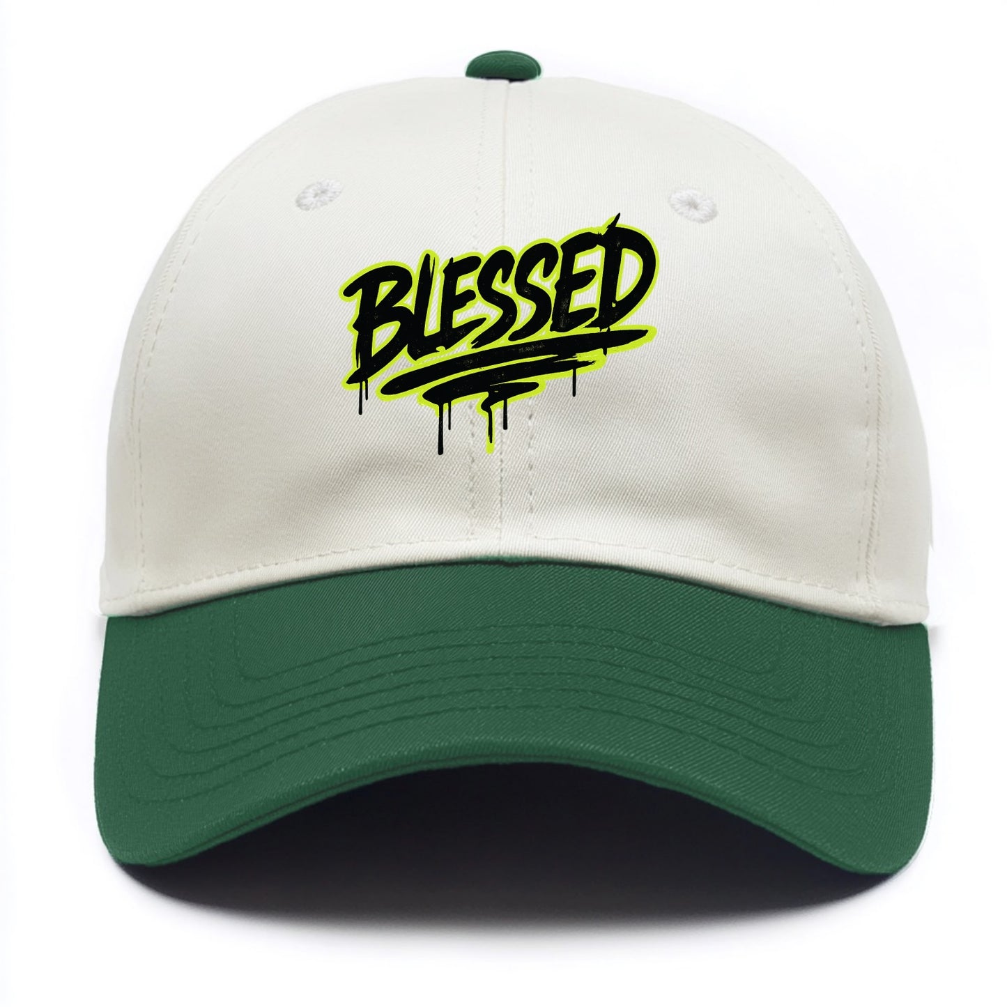 Bold typography design - "BLESSED" - recognizing good fortune, abundance - Two Tone Cap - Green