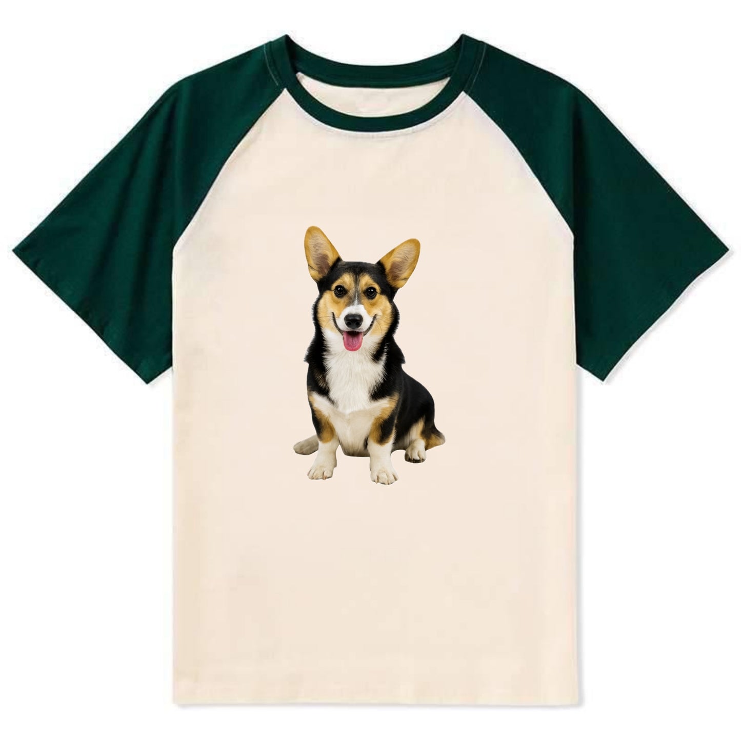 Tricolor Corgi - Contrast Raglan T-shirt - Green