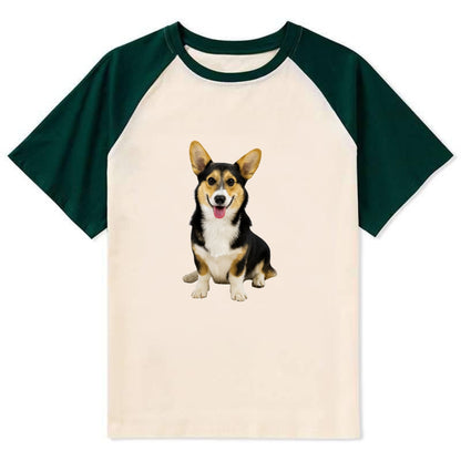 Tricolor Corgi - Contrast Raglan T-shirt - Green