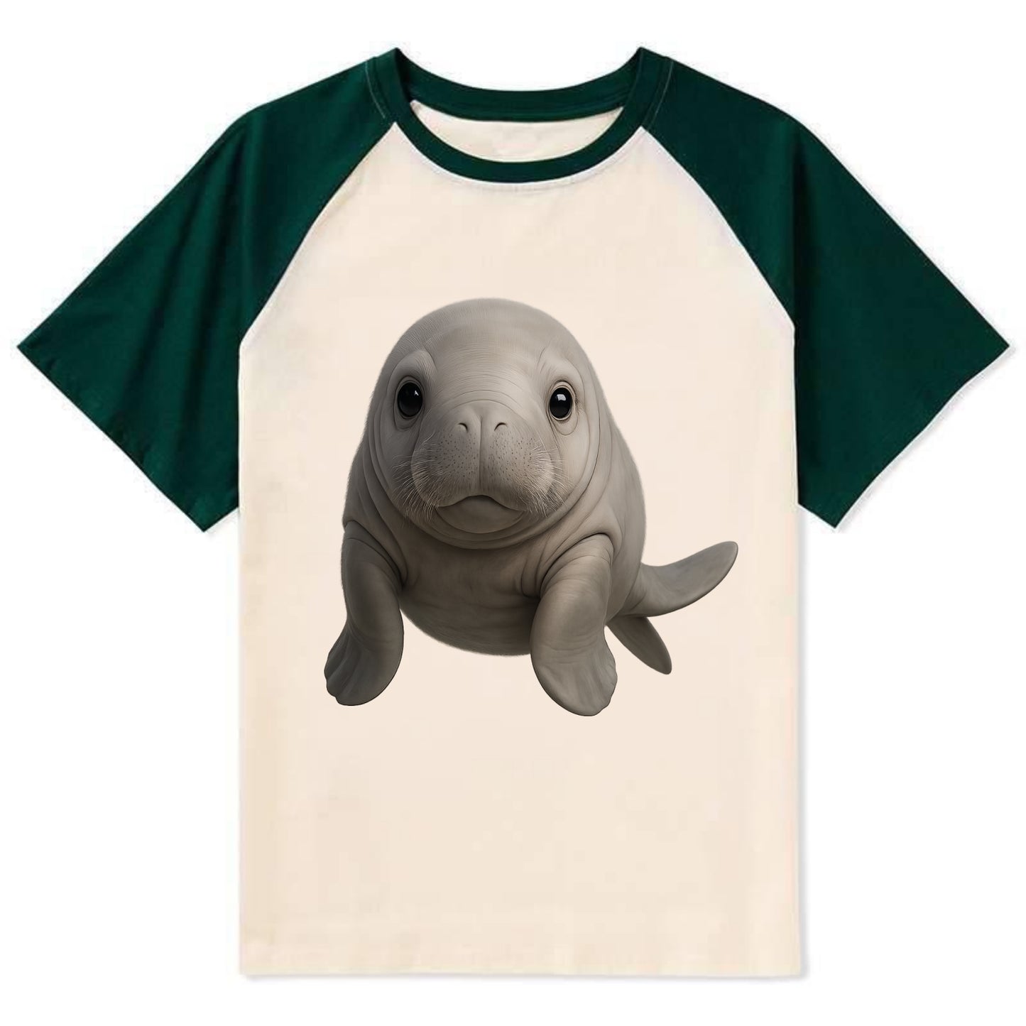 Baby Dugong - gray with paddle tail, gentle expression, whiskers, - Contrast Raglan T-shirt - Green