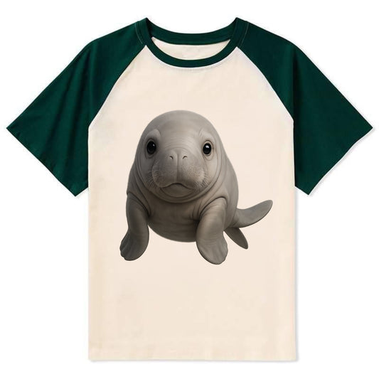 Baby Dugong - gray with paddle tail, gentle expression, whiskers, - Contrast Raglan T-shirt - Green