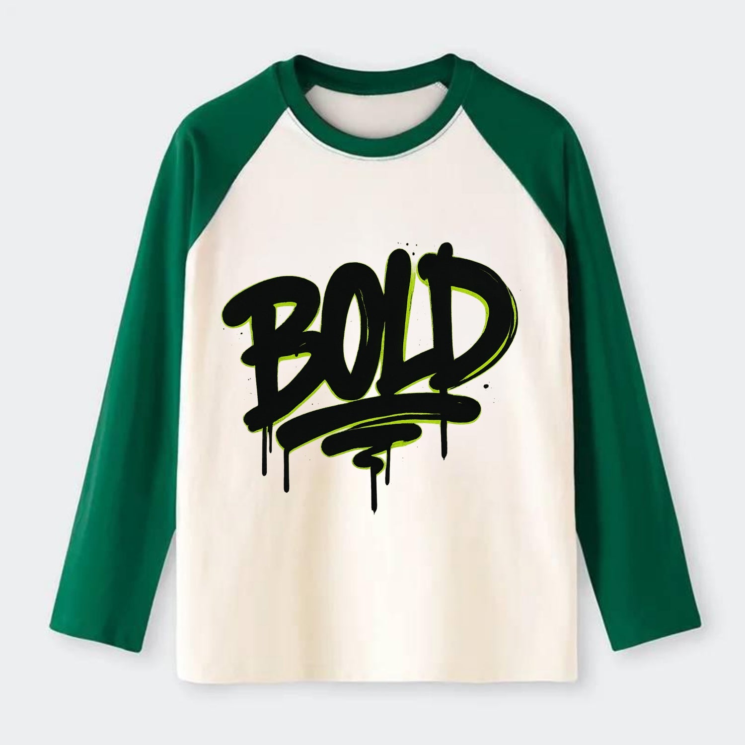 Bold typography design - "BOLD" - courageous, standing out - Raglan Long Sleeve T-Shirt - Green