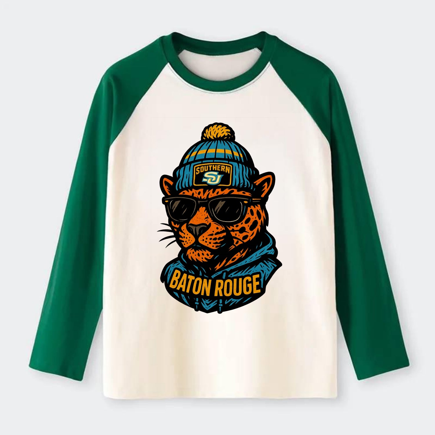 Baton Rouge Jaguar wearing Southern beanie with SU patch - Raglan Long Sleeve T-Shirt - Green
