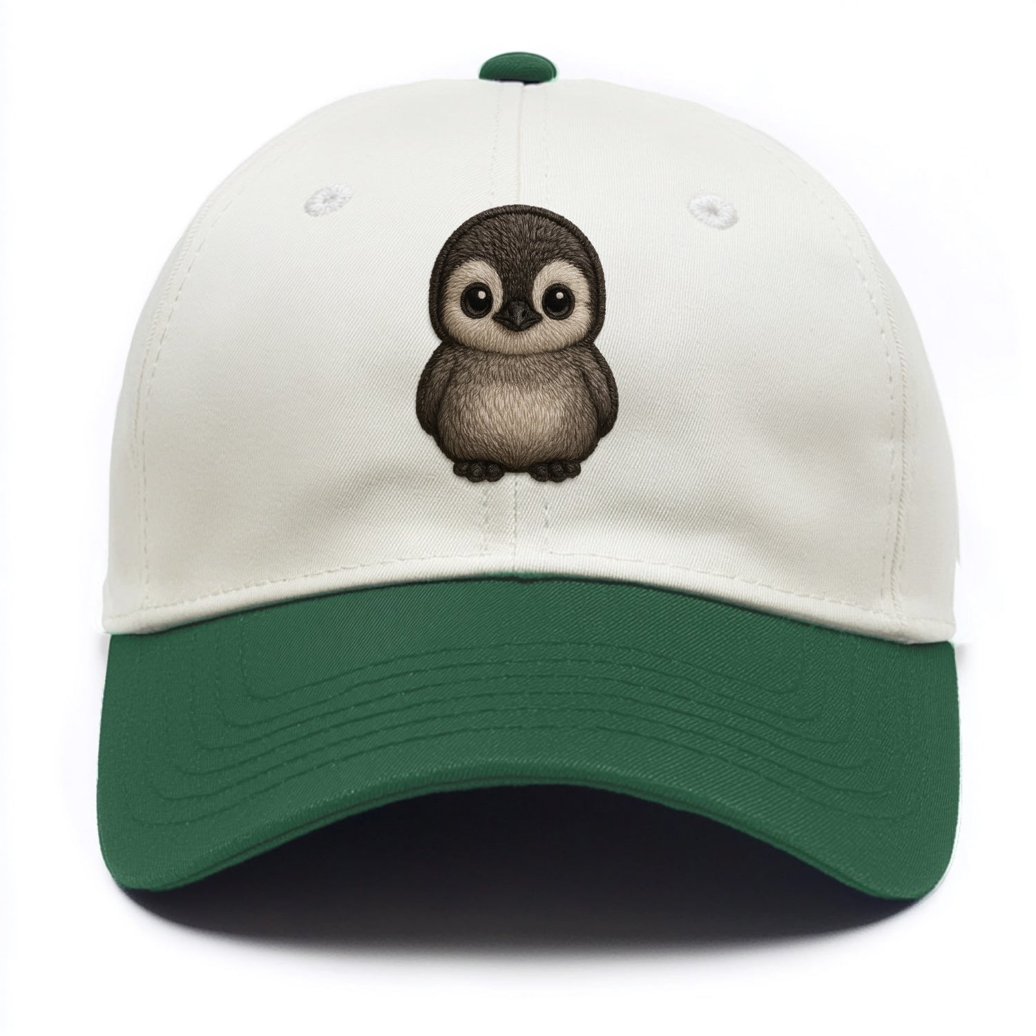 Baby Penguin Chick - gray fluffy, white face, round body, front-facing, tuxedo baby - Two Tone Cap - Green