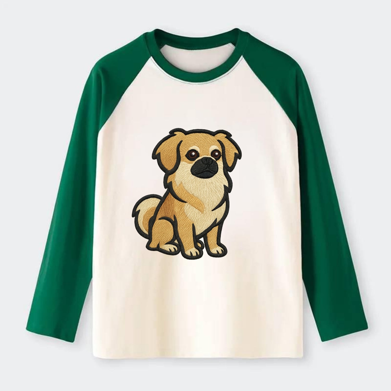 Tibetan Spaniel - Fawn small dog embroidered design - Raglan Long Sleeve T-Shirt - Green