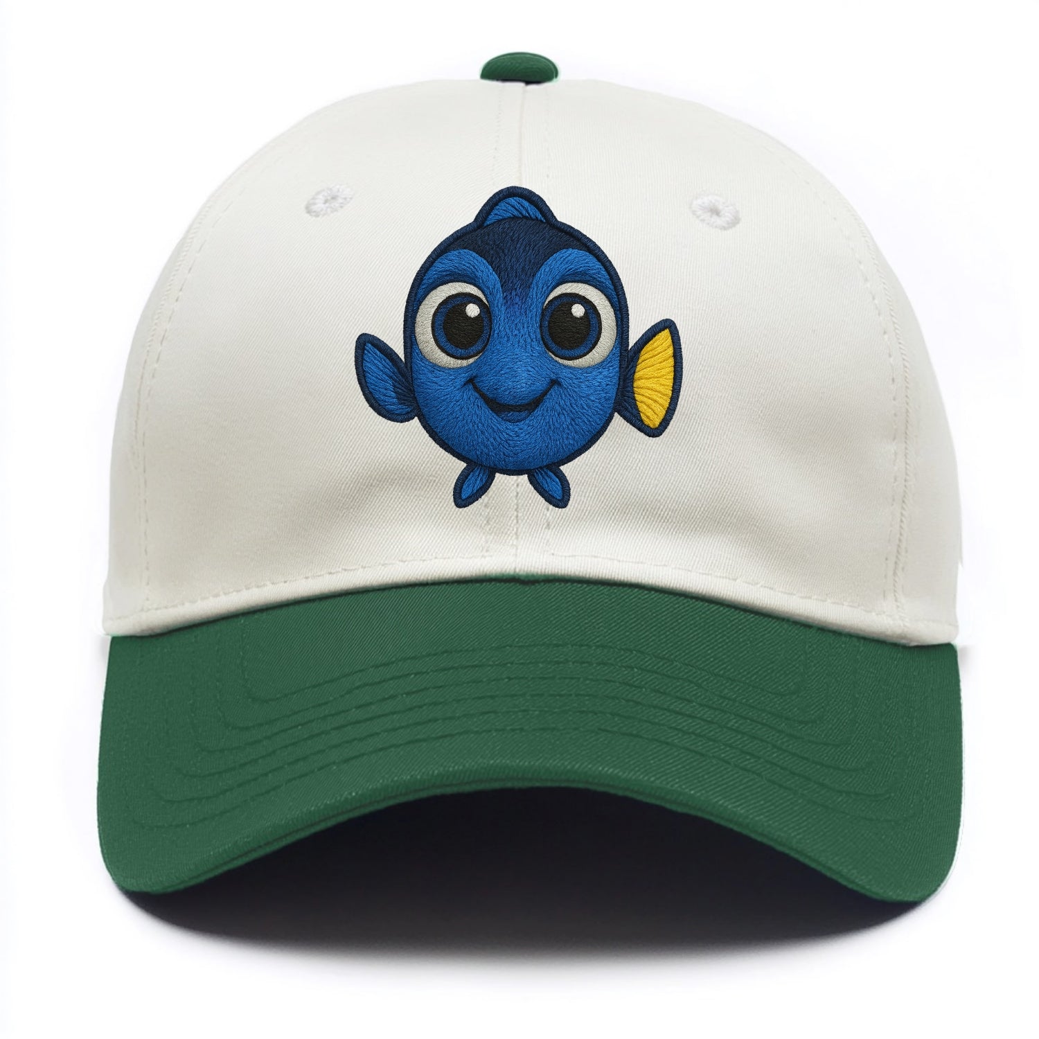 Baby Blue Tang - bright blue with yellow tail, big eyes, front-facing, Dory-style - Two Tone Cap - Green