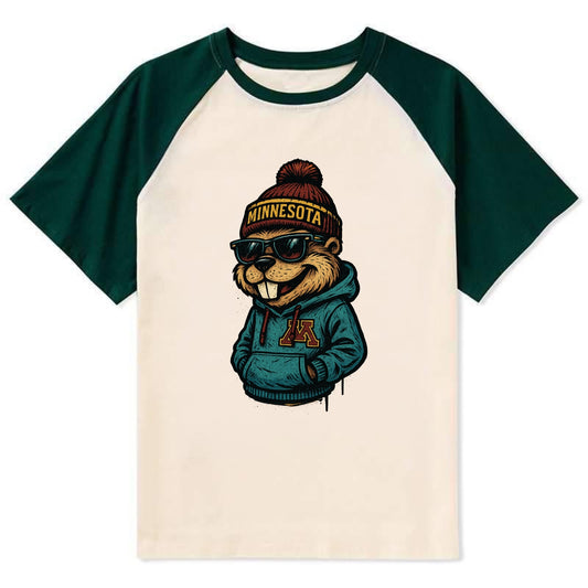 Minneapolis Gopher wearing Minnesota beanie with M patch - Contrast Raglan T-shirt - Green