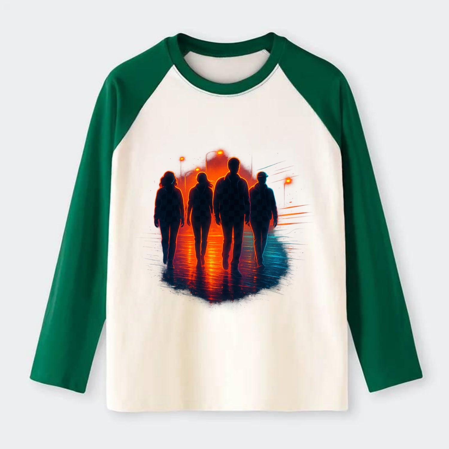 gang of silhouettes walking together at sunset by the beach - Raglan Long Sleeve T-Shirt - Green