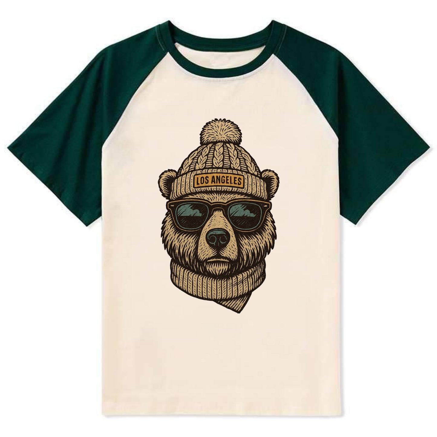 California Grizzly Bear wearing Los Angeles beanie with pom pom and - Contrast Raglan T-shirt - Green