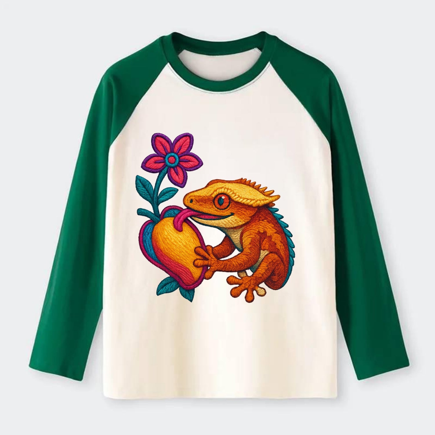 Crested Gecko - Raglan Long Sleeve T-Shirt - Green