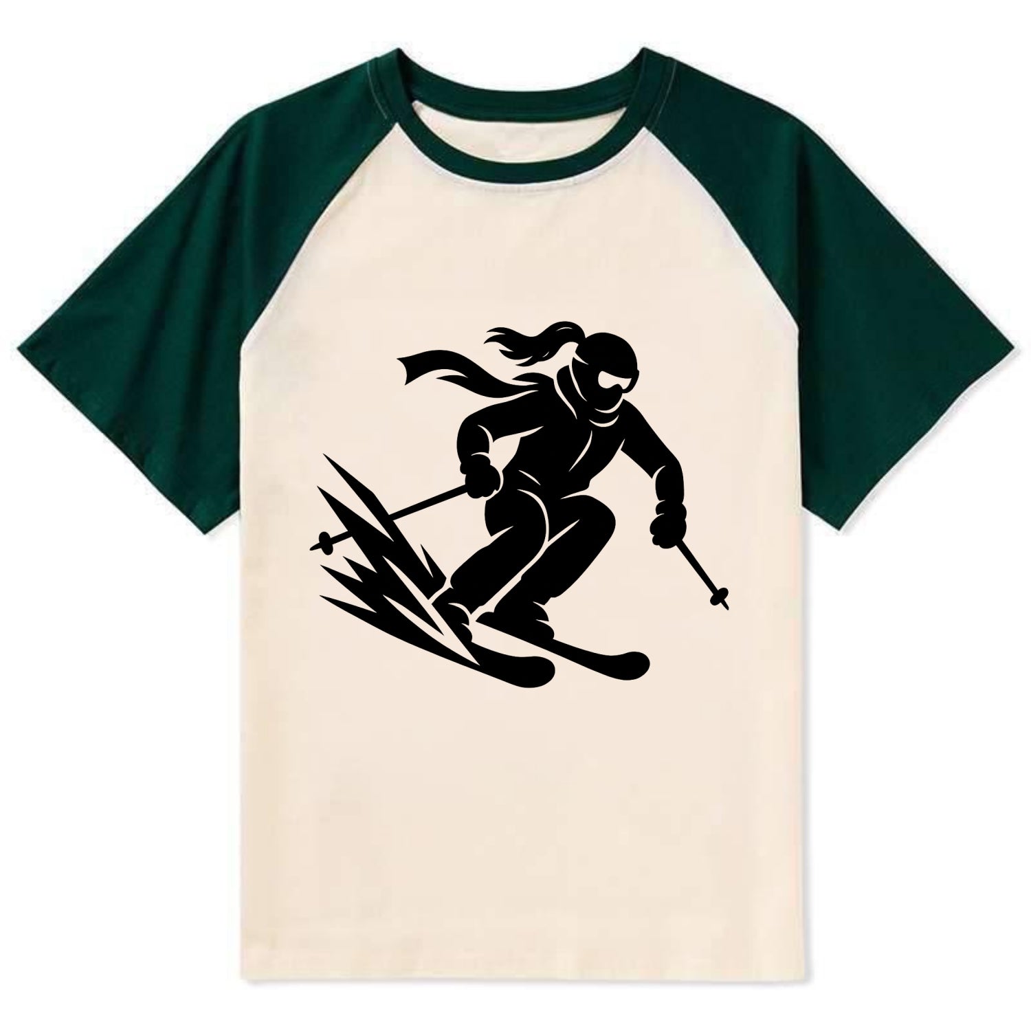 Skier carving down snowy slope - Contrast Raglan T-shirt - Green
