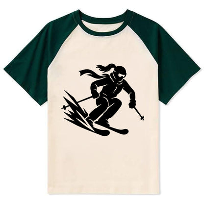 Skier carving down snowy slope - Contrast Raglan T-shirt - Green