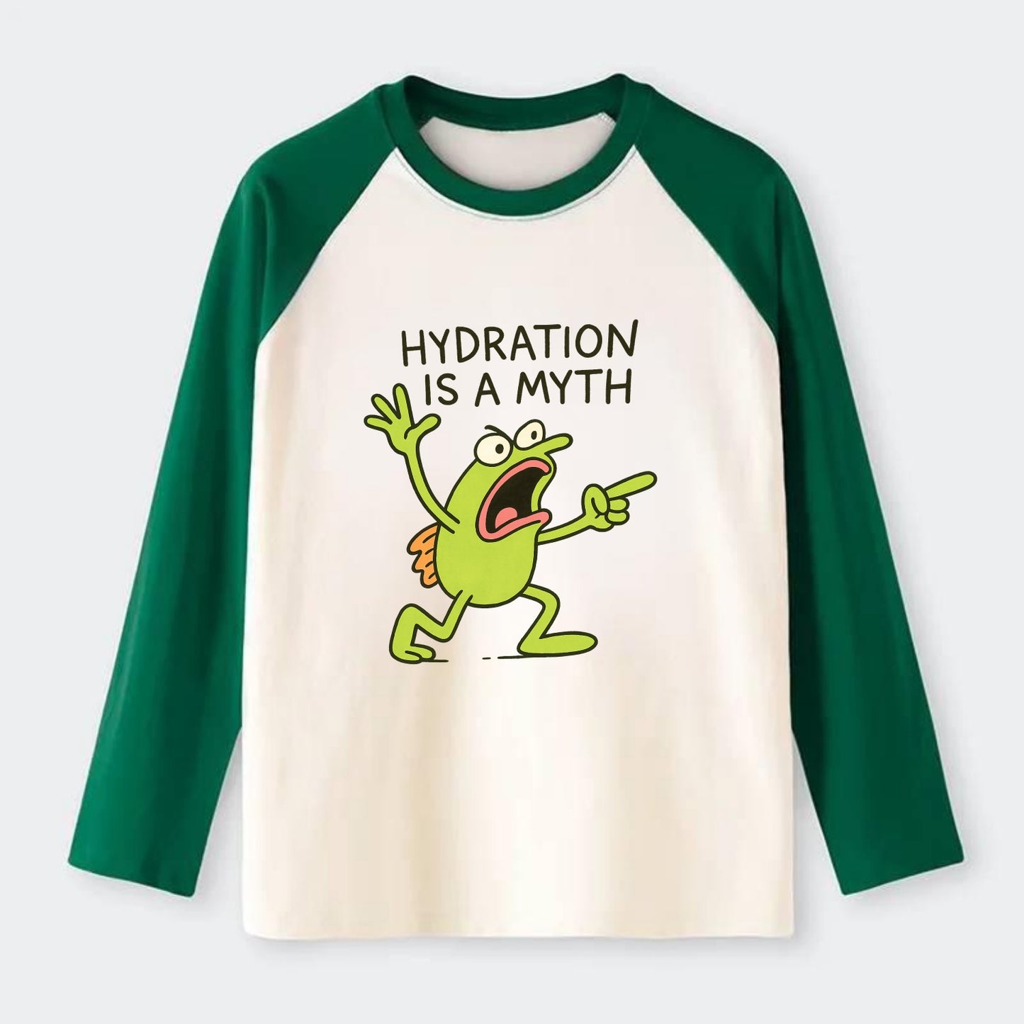 HYDRATION IS A MYTH | Dehydrated fish in desert - Raglan Long Sleeve T-Shirt - Green