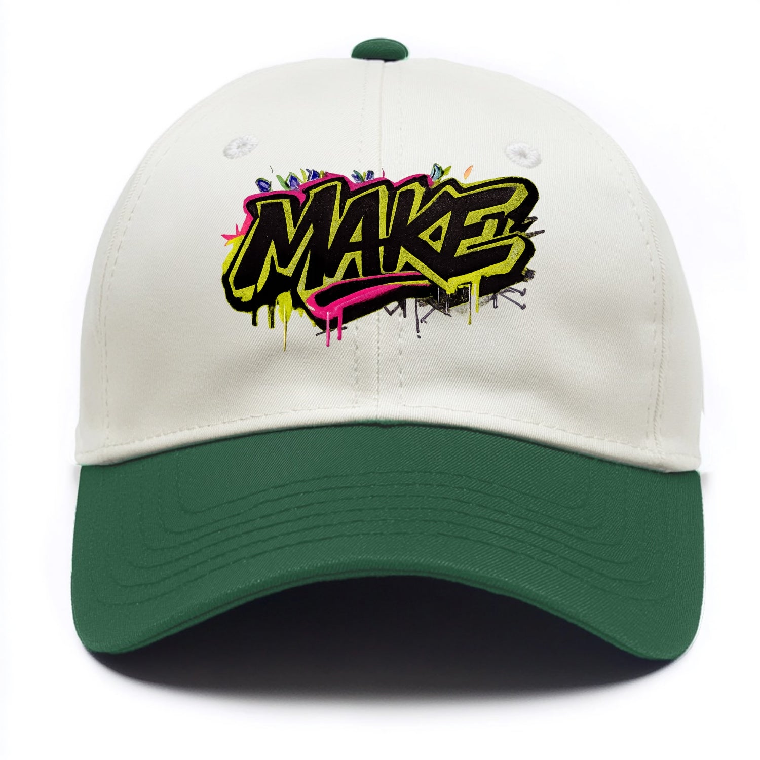 Bold typography design - "MAKE" - creating, producing, doing - Two Tone Cap - Green