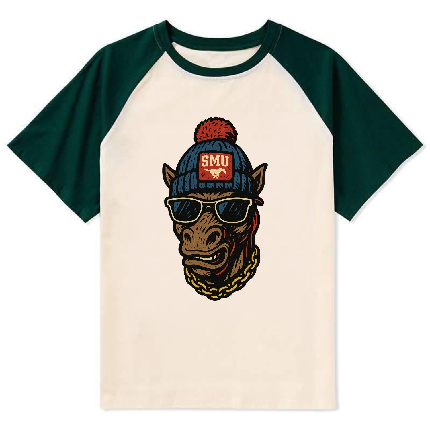 Dallas Mustang wearing SMU beanie with pony patch - Contrast Raglan T-shirt - Green