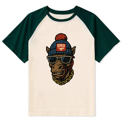 Dallas Mustang wearing SMU beanie with pony patch - Contrast Raglan T-shirt - Green
